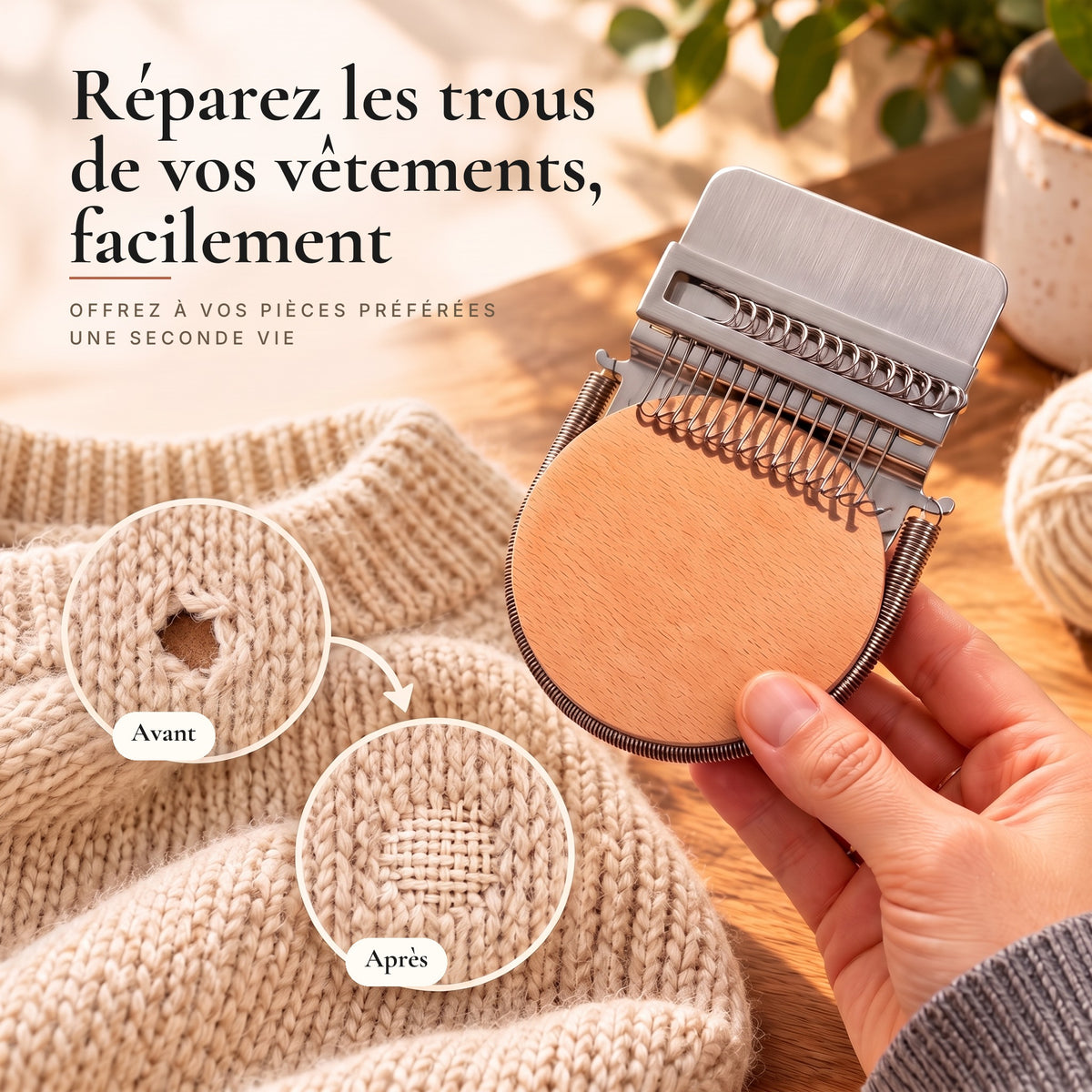 Réparer les trous d'un pull avec Corzen Tissa, avant et après