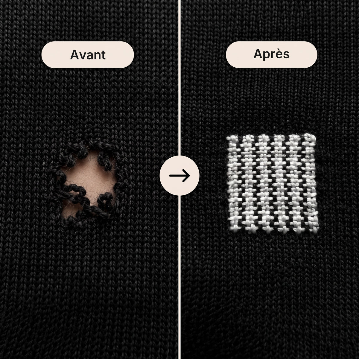 Avant et après : un trou réparé sur un pull noir