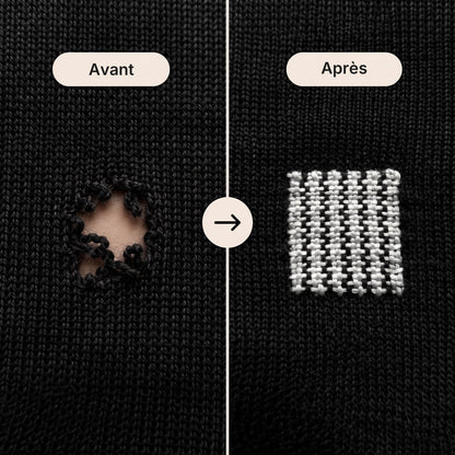 Avant et après : un trou réparé sur un pull noir