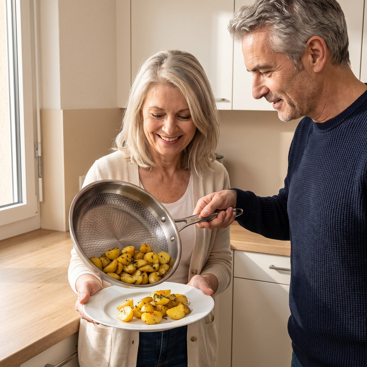 Couple qui sert des pommes de terre sautées avec la poêle Corzen