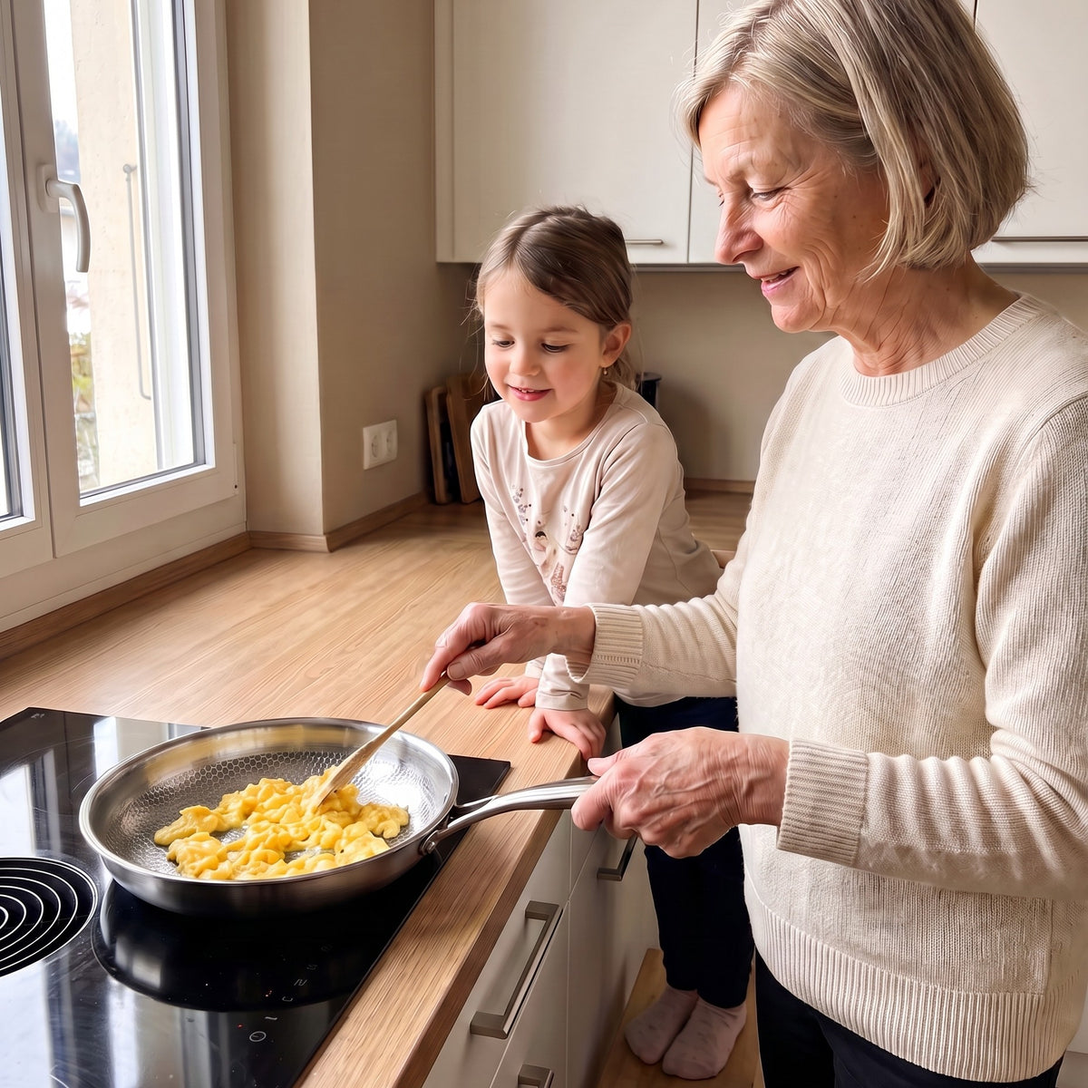 Grand-mère et sa petite-fille cuisinent avec la poêle Corzen