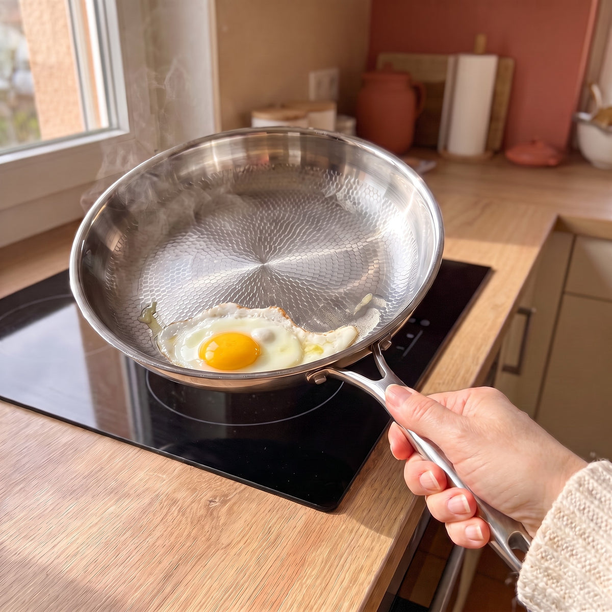 Œuf au plat qui glisse dans la poêle Corzen